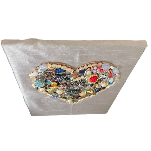 Vintage Jewels heart collage on canvas silk blend backing Handmade 16x12 inches - Picture 3 of 5